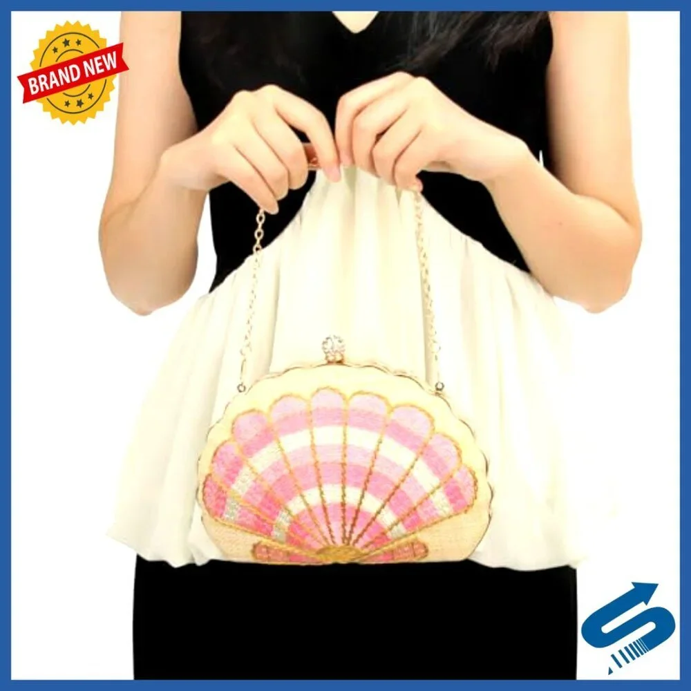 Straw Woven Clutch Purse Embroidered Shell Pattern Handbag Elegant Boho